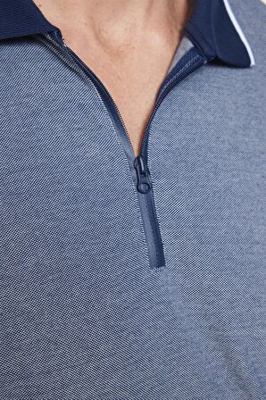 Erkek Slim Fit Fermuarlı Polo Yaka Pike Pamuklu Lacivert Tişört