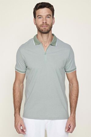 Erkek Slim Fit Fermuarlı Polo Yaka Pike Pamuklu Mint Tişört
