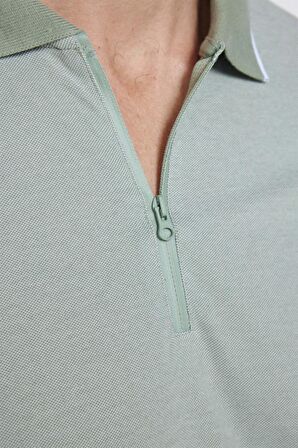 Erkek Slim Fit Fermuarlı Polo Yaka Pike Pamuklu Mint Tişört