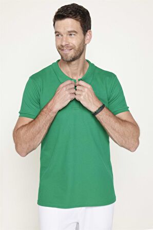 Erkek Polo Yaka Slim Fit Düz Pamuk Pike Yeşil Tişört