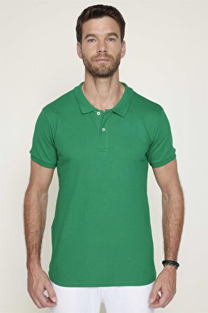 Erkek Polo Yaka Slim Fit Düz Pamuk Pike Yeşil Tişört