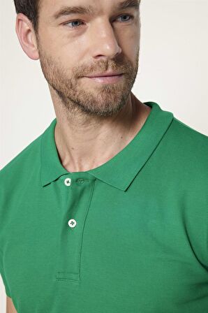 Erkek Polo Yaka Slim Fit Düz Pamuk Pike Yeşil Tişört