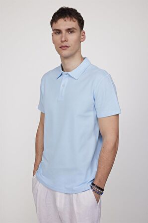 Tudors Slim Fit Desenli Polo Yaka Erkek Mavi Tişört