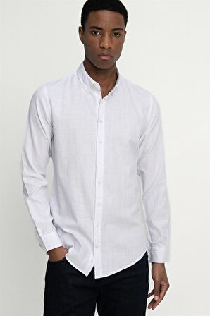 Tudors Slim Fit Uzun Kol Düğmeli Keten Erkek Gömlek