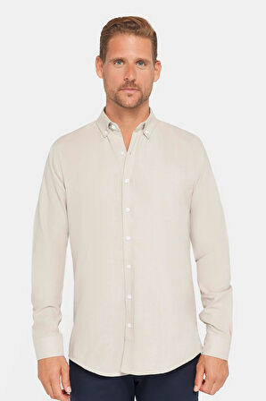 Erkek Slim Fit Dar Kesim %100 Pamuk Keten Doku Düğmeli Yaka Taş Renk Gömlek