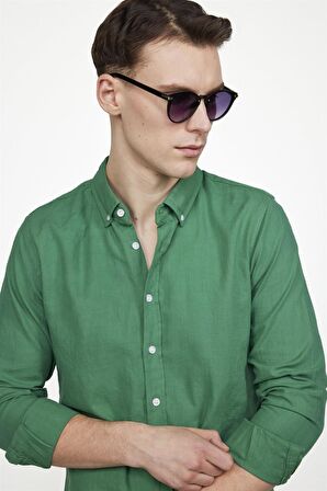 Tudors Slim Fit Uzun Kol Biyeli Yaka Düğmeli Keten Erkek Yeşil Gömlek
