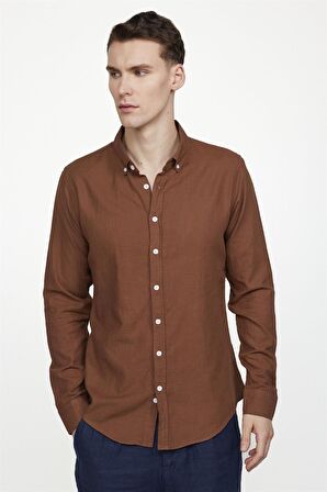 Tudors Slim Fit Uzun Kol Biyeli Yaka Düğmeli Keten Erkek Kahve Gömlek