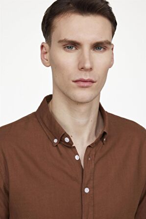 Tudors Slim Fit Uzun Kol Biyeli Yaka Düğmeli Keten Erkek Kahve Gömlek