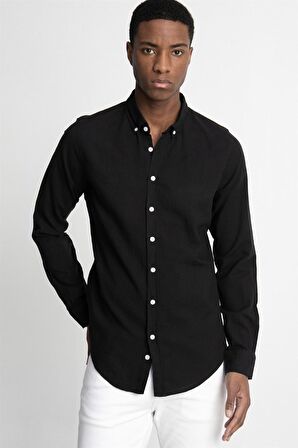 Slim Fit Uzun Kol Biyeli Yaka Düğmeli Keten Erkek Gömlek - TUDORS