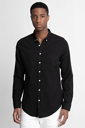 Slim Fit Uzun Kol Biyeli Yaka Düğmeli Keten Erkek Gömlek - TUDORS