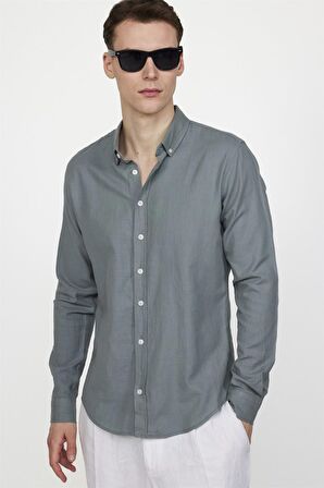 Tudors Slim Fit Uzun Kol Biyeli Yaka Düğmeli Gri Keten Erkek Gömlek
