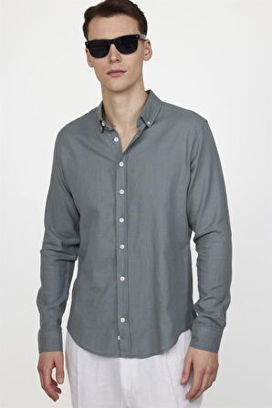 Tudors Slim Fit Uzun Kol Biyeli Yaka Düğmeli Gri Keten Erkek Gömlek
