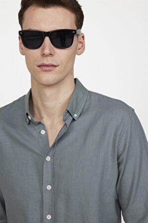 Tudors Slim Fit Uzun Kol Biyeli Yaka Düğmeli Gri Keten Erkek Gömlek