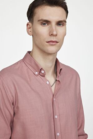 Tudors Slim Fit Uzun Kol Biyeli Yaka Düğmeli Keten Erkek Pudra Gömlek