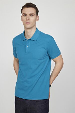 Tudors Erkek Polo Yaka Slim Fit Düz Pamuk Pike Mavi Tişört