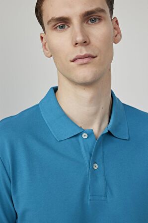 Tudors Erkek Polo Yaka Slim Fit Düz Pamuk Pike Mavi Tişört