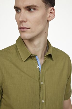 Tudors Slim Fit Kısa Kol Cepli Biyeli Flam Pamuk Haki Gömlek
