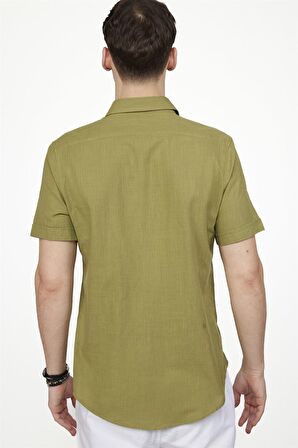 Tudors Slim Fit Kısa Kol Cepli Biyeli Flam Pamuk Haki Gömlek