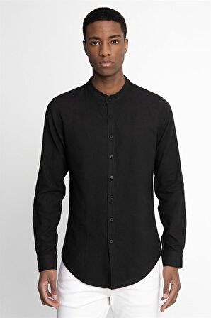 Tudors Slim Fit Dar Kalıp Uzun Kol Hakim Yaka Pamuklu Keten Efekt Gömlek