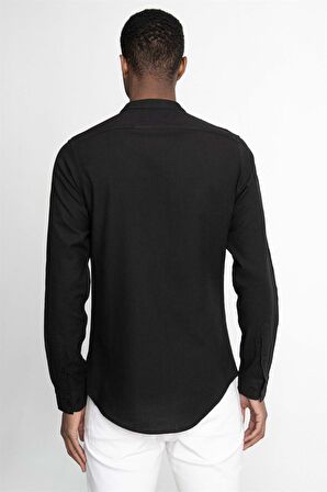 Tudors Slim Fit Dar Kalıp Uzun Kol Hakim Yaka Pamuklu Keten Efekt Gömlek