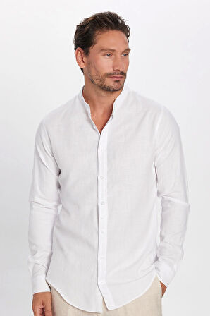 Erkek Slim Fit Dar Kesim Uzun Kollu %100 Pamuk Keten Doku Hakim Yaka Beyaz Gömlek