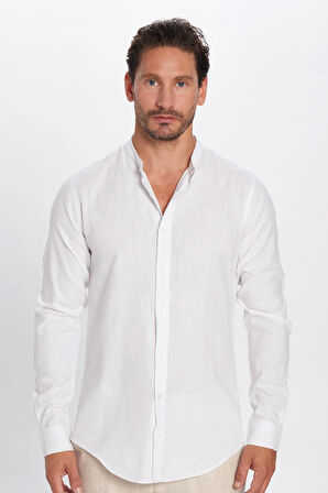 Erkek Slim Fit Dar Kesim Uzun Kollu %100 Pamuk Keten Doku Hakim Yaka Beyaz Gömlek