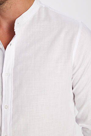 Erkek Slim Fit Dar Kesim Uzun Kollu %100 Pamuk Keten Doku Hakim Yaka Beyaz Gömlek