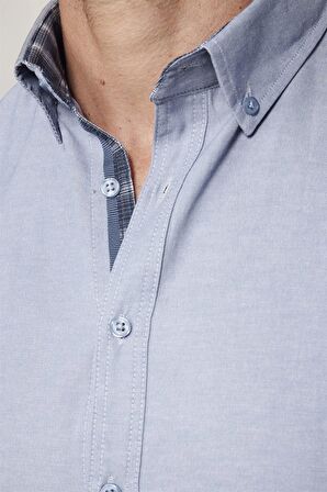 Slim Fit Kısa Kol Düğmeli Yaka Poplin Oxford Erkek Gri Gömlek