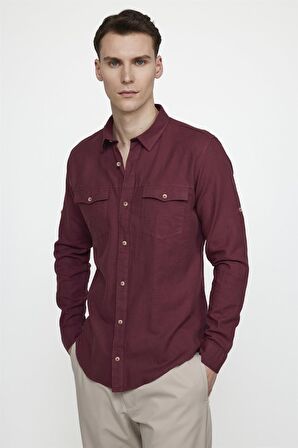 Tudors Slim Fit Uzun Kol Çift Cep Pamuk Keten Spor Yaka Erkek Bordo Gömlek