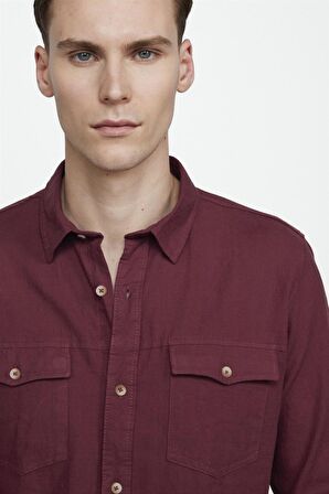 Tudors Slim Fit Uzun Kol Çift Cep Pamuk Keten Spor Yaka Erkek Bordo Gömlek