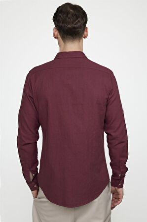 Tudors Slim Fit Uzun Kol Çift Cep Pamuk Keten Spor Yaka Erkek Bordo Gömlek