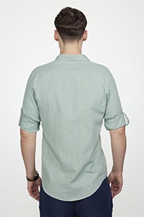 Tudors Slim Fit Uzun Kol Çift Cep Pamuk Keten Spor Yaka Erkek Yeşil Gömlek
