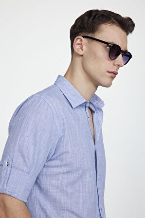 Tudors Slim Fit Uzun Kol Apoletli Keten Düz Erkek Mavi Gömlek