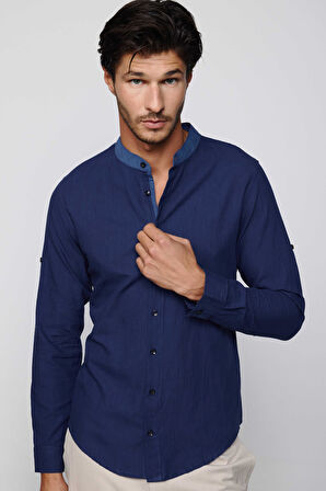 Erkek Slim Fit Dar Kesim Uzun Kollu %100 Pamuk Keten Doku Hakim Yaka Apoletli Indigo Gömlek