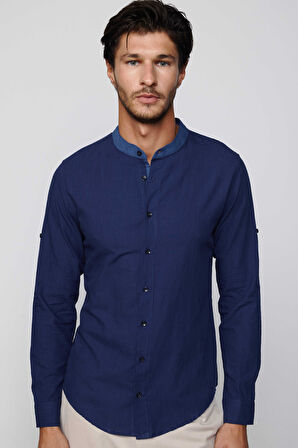 Erkek Slim Fit Dar Kesim Uzun Kollu %100 Pamuk Keten Doku Hakim Yaka Apoletli Indigo Gömlek