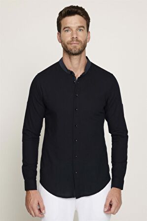 Slim Fit  Düz Hakim Yaka Kol Apoletli Ketenli Erkek Siyah Gömlek