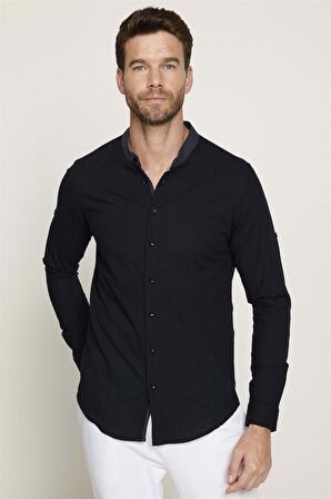 Slim Fit  Düz Hakim Yaka Kol Apoletli Ketenli Erkek Siyah Gömlek