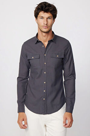 Erkek Slim Fit Dar Kesim %100 Pamuk Keten Doku Çift Cep Spor Yaka Füme Gömlek