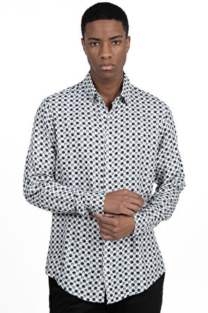 Slim Fit Uzun Kollu Dar Kesim Baskılı Desen Viskon Spor Erkek Gömlek