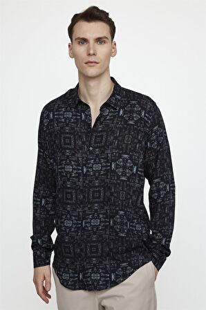 Tudors Slim Fit Dar Kesim Uzun Kol Baskılı Desen Viskon Spor Erkek Çok Renkli Gömlek
