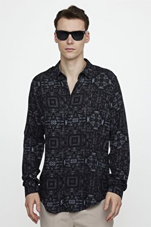 Tudors Slim Fit Dar Kesim Uzun Kol Baskılı Desen Viskon Spor Erkek Çok Renkli Gömlek