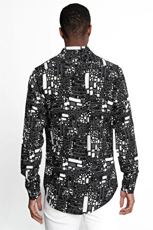 Slim Fit Uzun Kollu Dar Kesim Baskılı Desen Viskon Spor Erkek Gömlek