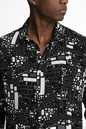 Slim Fit Uzun Kollu Dar Kesim Baskılı Desen Viskon Spor Erkek Gömlek