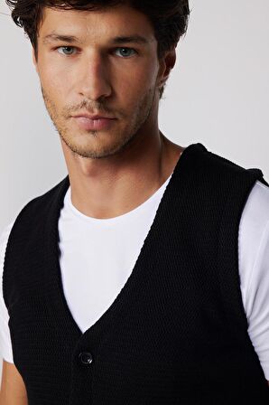Slim Fit Armülü Siyah Erkek Yelek