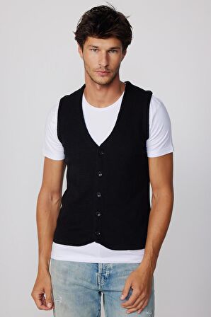Slim Fit Armülü Siyah Erkek Yelek