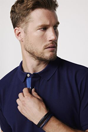 Erkek Polo Yaka Slim Fit Düz Pamuk Pike Lacivert Tişört