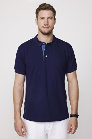 Erkek Polo Yaka Slim Fit Düz Pamuk Pike Lacivert Tişört