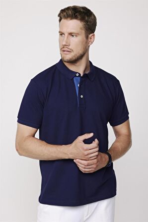 Erkek Polo Yaka Slim Fit Düz Pamuk Pike Lacivert Tişört