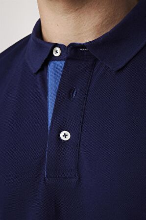 Erkek Polo Yaka Slim Fit Düz Pamuk Pike Lacivert Tişört