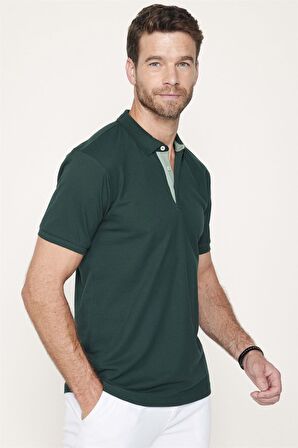 Erkek Polo Yaka Slim Fit Düz Pamuk Pike Yeşil Tişört